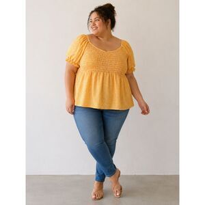 Liberty Love Womens 3XL Mustard Gingham Smocked Peplum Blouse Puff Sleeve Top